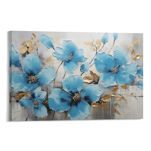 AEMYSKA Leinwandposter mit modernem Blumendruck, abstrakte Malerei, Bilder, Wanddekoration für Wohnzimmer, Schlafzimmer, Wandkunst, Kunstwerk, 60 x 90 cm (B x L), Blau / Gold von AEMYSKA