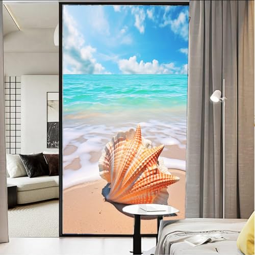 AEMYSKA Moderne Conch Fensterfolie Dekorative Natürliche Meeresleben Blaue Landschaft Buntglas Fensterfolie Sonnenblockierung Wärmeregulierung Kein Kleber Fenster Abdeckfolie für Home Office 70 x 100 von AEMYSKA
