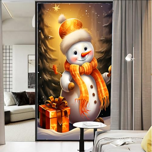 AEMYSKA Niedlicher Cartoon Schneemann Fensterfolie Dekorativer Gelber Schal Hut Schneemann Buntglas Fensterfolie Sonnenblockierung Hitzekontrolle Kein Kleber Fenster Abdeckfolie für Home Office 70 * von AEMYSKA
