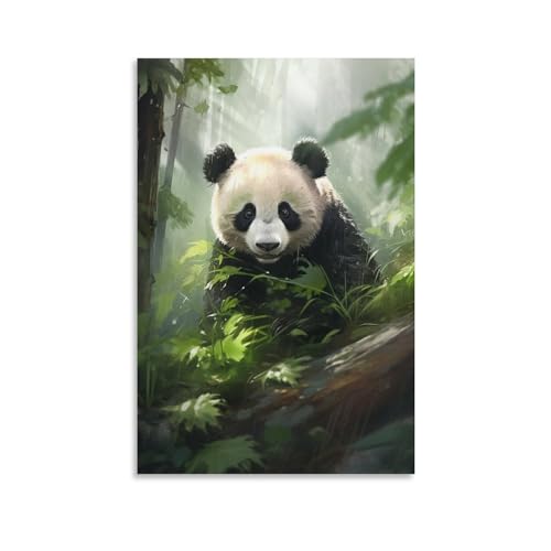 AEMYSKA Rustikaler Panda-Druck, Leinwandposter, Wald, modern, schwarz-weiß, niedliches Tier, Wanddekoration für Wohnzimmer, Schlafzimmer, Wandkunst, Kunstwerk, 20 x 30 cm (B x L) von AEMYSKA