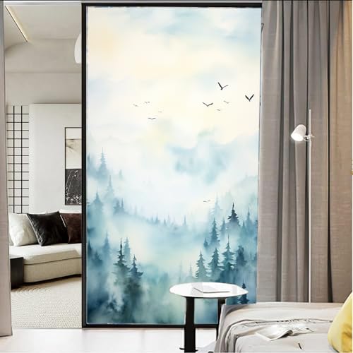 AEMYSKA Rustikaler Wald Fensterfolie Dekorative Moderne Landschaft Neblige Vögel Buntglas Fensterfolie Sonnenblockierung Wärmeregulierung Kein Kleber Fenster Abdeckfolie für Home Office 60 * 90CM von AEMYSKA