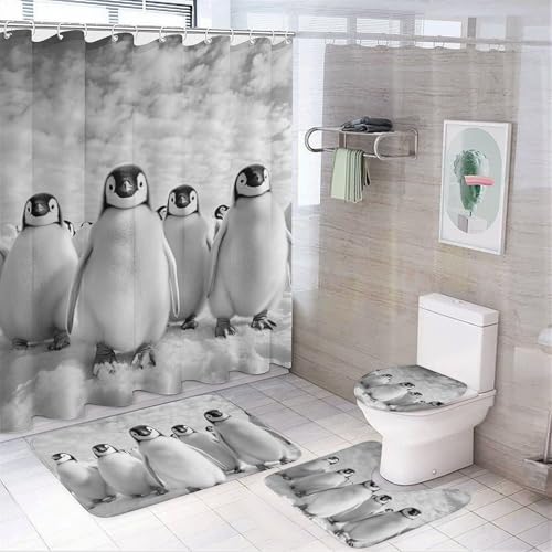 AEMYSKA Rustikales Vintage-Pinguin-Duschvorhang-Set mit Teppichen, modernes niedliches Tier-Badezimmer-Zubehör-Set mit rutschfesten Teppichen, WC-Deckelbezug und Badematte, wasserdichter Vorhang mit AEMYSKA Rustikales Vintage-Pinguin-Duschvorhang-Set mit Teppichen, modernes niedliches Tier-Badezimmer-Zubehör-Set mit rutschfesten Teppichen, WC-Deckelbezug und Badematte, wasserdichter Vorhang mit von AEMYSKA