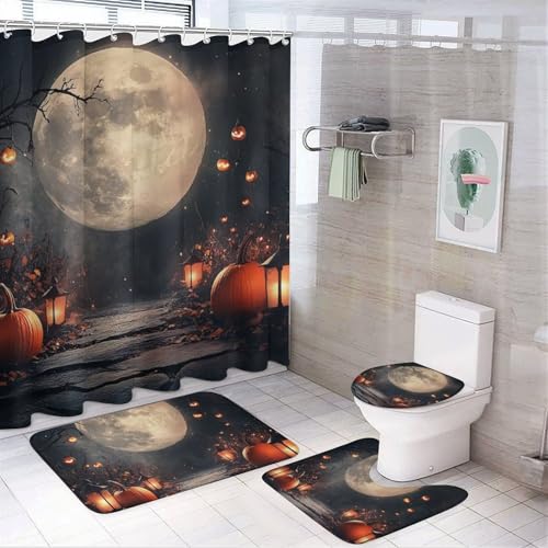 Aquarell-Kürbis-Duschvorhang-Set mit Teppichen, niedlicher Kürbis-Lichter, Wald, Vollmond-Badezimmer-Zubehör-Set inklusive rutschfesten Teppichen, WC-Deckelbezug und Badematte, wasserdichter Vorhang Aquarell-Kürbis-Duschvorhang-Set mit Teppichen, niedlicher Kürbis-Lichter, Wald, Vollmond-Badezimmer-Zubehör-Set inklusive rutschfesten Teppichen, WC-Deckelbezug und Badematte, wasserdichter Vorhang von AEMYSKA