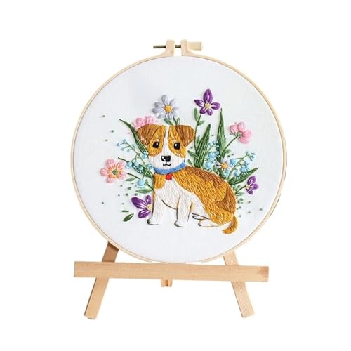 Stickset mit Hunden for Anfänger mit Blumenmuster, Kreuzstich for Erwachsene, DIY-Nadelspitzen-Set(Style 3,Without hoop) von AEPBTMQ