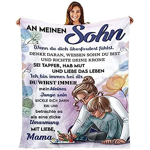 AEPOYU Kuscheldecke für Meine Sohn von Mama, Mama für Sohn Deutsche Nachricht Briefdecke Geschenke, Super Weiche Flanelldecke Flauschige Geschenke für Weihnachten, 150 x 220 cm von AEPOYU