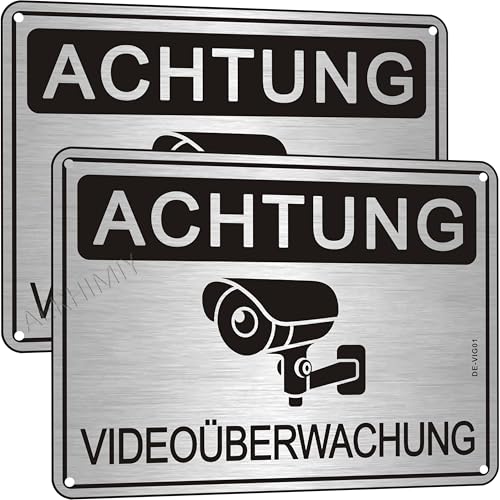 2 Stück Achtung Videoüberwachung Schild Gebürstetes Aluminium 20×15cm, Mit Selbstklebend und 4 Löchern von AERHIMIY