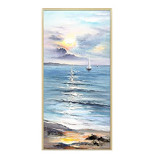 AERK Ölbilder Auf Leinwand Handgemalt,Handgemalte Extra Große Wandkunst Original Sonnenaufgang Strand Landschaft Coole Gemälde Moderne Abstrakte Rahmenlose Strukturierte Kunstwerke Wohnkultur Fü von AERK