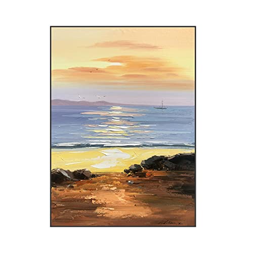 AERK Ölbilder Auf Leinwand Handgemalt,Original Handgemalte Coole Gemälde Moderne Abstrakte Sonnenuntergang Strandlandschaft Rahmenlose Strukturierte Kunstwerke Extra Große Wandkunst Für Wohnzimm von AERK