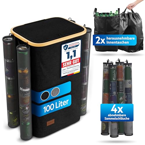 AERST® Pfandflaschen Sammelbehälter [1 Fach, 2X Tragetasche, 4X Pfanddosen Sammler] - PET Flaschen & Dosen Organizer | Zugschnur | Leergut Behälter faltbar | Recycling Flaschensammler [NEU/schwarz] von AERST