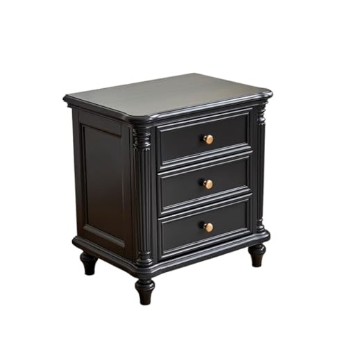 AERTSDFGT Moderner Nachttisch Schlichter Schwarzer Massivholz-Nachttisch, Vintage-Stil, DREI Schubladen, Schlafzimmer-Nachttisch von AERTSDFGT