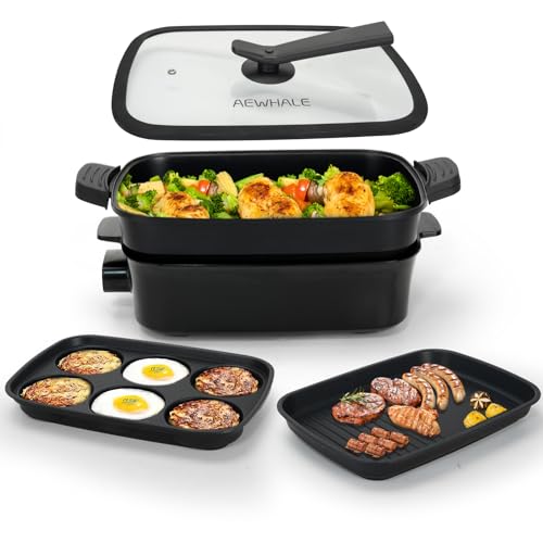 AEWHALE 3-in-1 Multifunktionspfanne Elektrischer Grill,Elektropfanne mit Deckel 1500W Antihaftbeschichtung, Abnehmbare Oberfläche&Cool-Touch-Griffe Pancake Elektrisch Partypfanne von AEWHALE