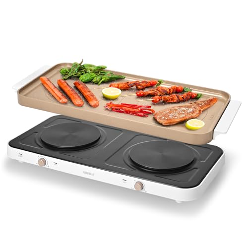 AEWHALE Kochplatten 2er Elektrisch mit abnehmbarer keramischer Griddle-Pfanne Antihaft, 1000W+1000W tragbares Doppelkochfeld mit einstellbarer Temperatur Gold von AEWHALE