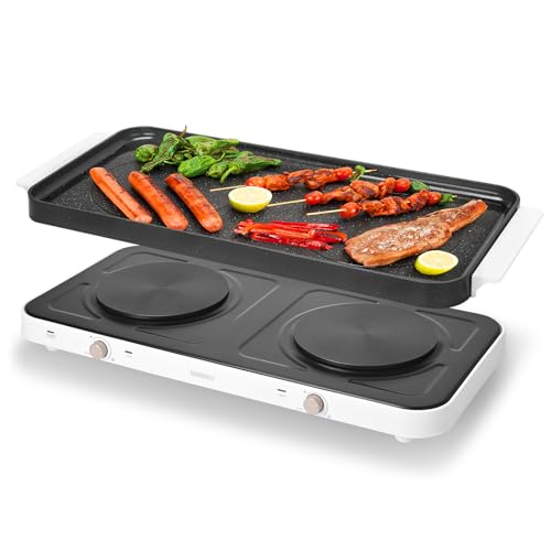 AEWHALE Kochplatten 2er Elektrisch mit abnehmbarer keramischer Griddle-Pfanne Antihaft, 1000W+1000W tragbares Doppelkochfeld mit einstellbarer Temperatur Schwarz von AEWHALE