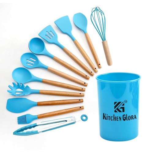 AEX Küchenutensilien-Set, 12-teilig, Antihaft-Silikon, Kochutensilien, Spatel-Set mit Halter, Holzgriff, hitzebeständiges Silikon, Küchenhelfer, Utensilien-Set (blau) von AEX