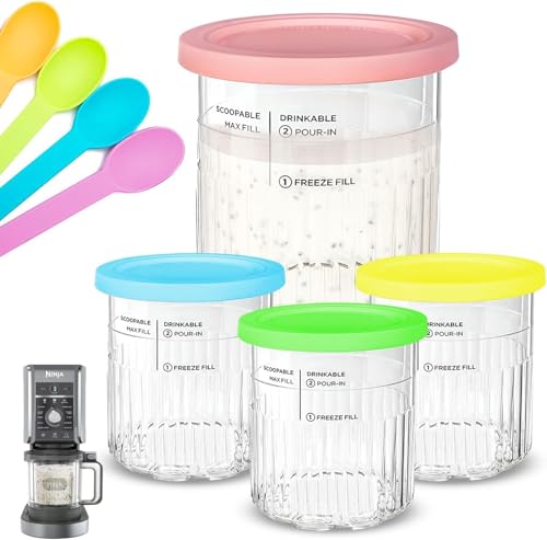 4 Stück Creami Behälte für Ninja Ice Creami Deluxe Pints und Deckel, 24 oz Ninja Ice Cream Maker mit 4 Stück Löffel 11-in-1 NC501 NC500 Series (spülmaschinenfest, wiederverwendbar, auslaufsicher). von AEYBFGD