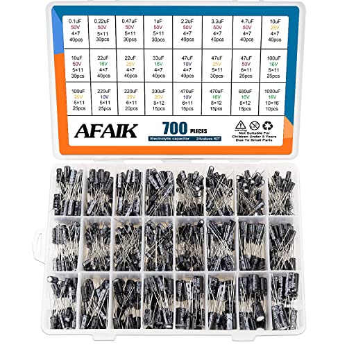 Elkos Kondensator 24 Wert 700 Stk Elkos Kondensator Sortiment Elektrolytkondensator Set von 0,1uF bis 1000uF 10V 16V 25V 50V Elko Kondensatoren Aluminium Capacitor Kit mit Aufbewahrungsbox von AFAIK