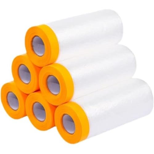 AFASOES 6 Rollen Abdeckfolie Klebeband mit Folie 110cm*20M Transparent Abdeckfolie mit Gewebeklebeband Selbstklebende Malerfolie Malerband UV Beständig Goldband Masker Tape Malerkrepp zum Staubschutz von AFASOES