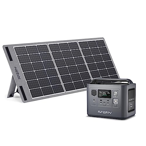 AFERIY Solargenerator 800W, 512WH Tragbare Powerstation mit 100W Solarpanel, 230V mobile Stromversorgung mit LCD Anzeige für Urlaub auf dem Campingplatz, Outdoor Abenteuer & Notfälle von AFERIY