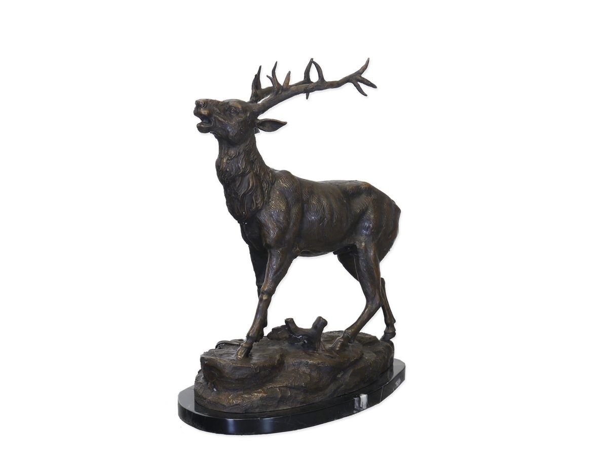 AFG Tierfigur Bronze Figur Skulptur röhrender Hirsch auf Marmorsockel von AFG