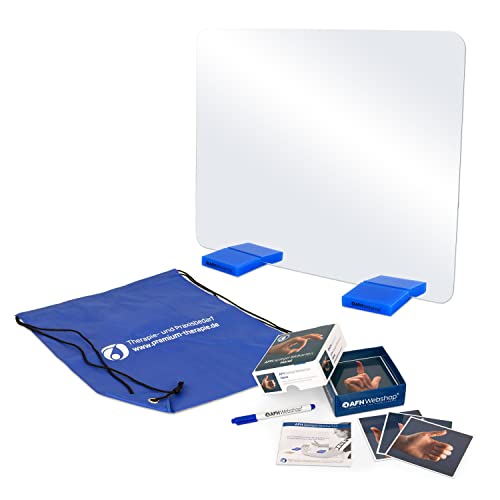 AFH T-Spiegel® Premium | Mittel | 49,5 cm x 38,5 cm | Spiegel (Standfüße: blau | mit Bildkarten Hand) inkl. Tragetasche von AFH-Webshop