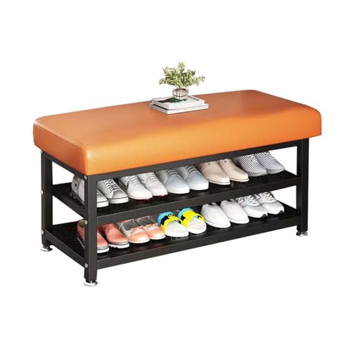 AFKSMILE Schuhbank, Gepolsterte Sitzbank mit 2 Gitterablage und Sitzfläche, Schuhregal für Eingangsbereich, Flur, Wohnzimmer, Balkon, Schwarz Metallgestell (Orange) von AFKSMILE