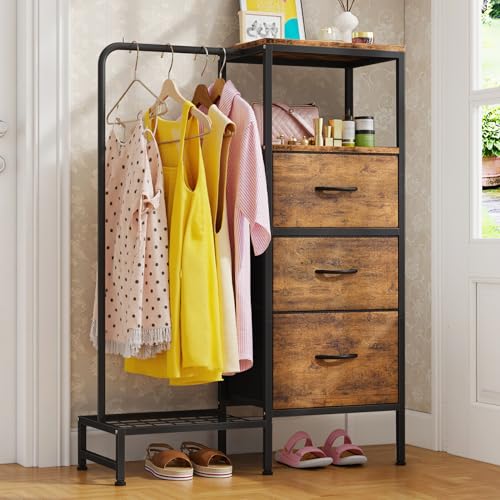 AFLUI Kommode mit 3 Stoffschubladen mit Hängeregal & offenem Regal, kleine Kinderkommode & Kommode mit Kleiderständer für Schlafzimmer, Schrank, Eingangsbereich, rustikales Braun von AFLUI