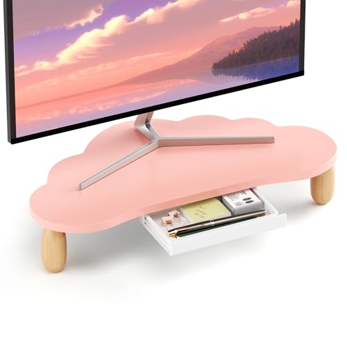 AFOOYO Monitorständer, Wolkenform, stabiles Holz, Computer-Monitorständer mit Schublade, Mehrzweck-Schreibtisch-Organizer für Computer, Laptop, Drucker, TV, Rosa von AFOOYO