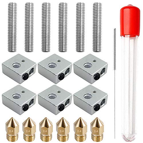 AFUNTA 6 Sets/18 Stück 3D-Drucker 0,4 mm MK8 Edelstahl Extruderdüse Druck M6 Kopf & 1,75 mm 30 mm Länge Teflon Hals-Rohr & Heizblöcke Hotend, kompatibel MK8 Makerbot Reprap i3 / Anet A8 A2 von AFUNTA