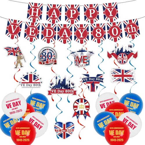 VE Day 80th Anniversary Decorations 2025 VE Day Decorations V Day 80th Banner Flag Bunting VE Day Hanging Swrils Decorations UK VE Day Balloons for Soldier von AFYHH