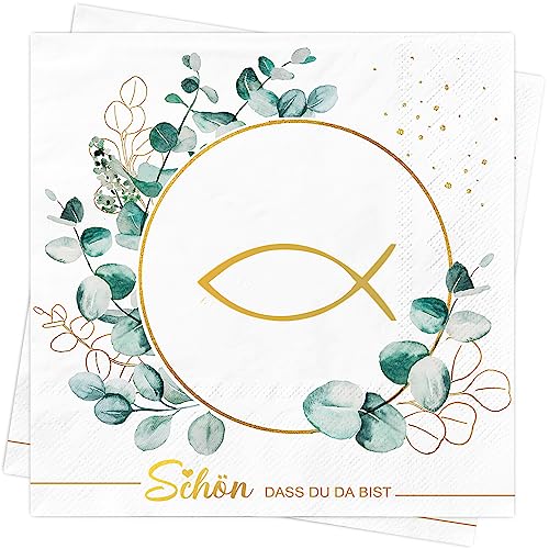 AFYHH 20Stück Servietten Hochzeit Geburtstag Schön Dass Du Da Bist Taufe Grün Eukalyptus 3-Lagige Fisch Servietten Konfirmation Kommunion Napkins Tischdeko Servietten Weiß 33x33cm von AFYHH