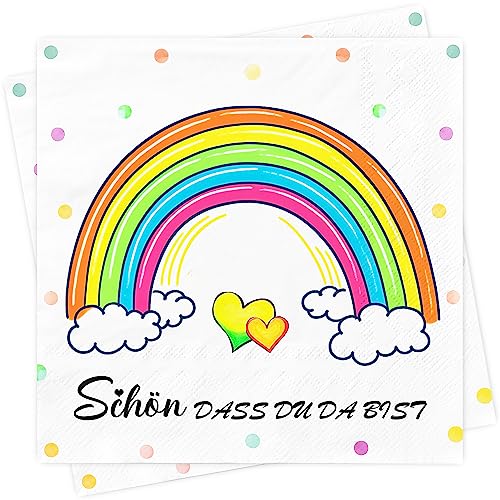 AFYHH Servietten Geburtstag Regenbogen Party Deko 60Stück Schön Dass Du Da Bist Taufe Hochzeit 3-Lagige Servietten Einschulung Konfirmation Kommunion Napkins Tischdeko Servietten Weiß 33x33cm von AFYHH