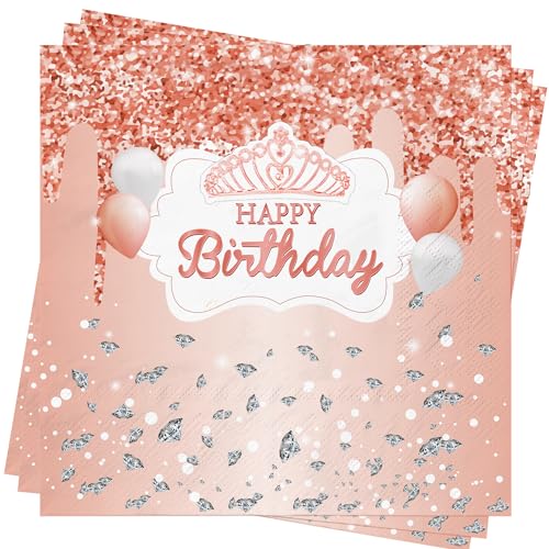 AFYHH 80Stück Servietten Geburtstag Deko Frau Happy Birthday Servietten Napkins Geburtstag Tischdeko Geburtstag Servietten 33x33cm Rosa Happy Birthday Napkins Party Deko von AFYHH