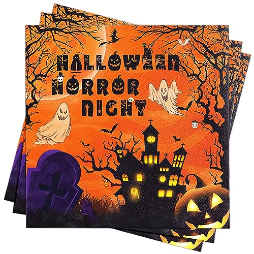 AFYHH Halloween Servietten Halloween Tischdecke 60Stück Servietten Herbst Geburtstag Schwarz Orange Servietten mit Gruselig Kürbis Fledermaus Burg Halloween Deko Accessories 33X33cm von AFYHH