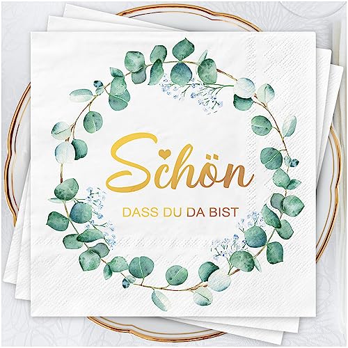 AFYHH 40Stück Servietten Hochzeit Geburtstag Eukalyptus 3-Lagige Schön Dass Du Da Bist Servietten Grün Taufe Kommunion Happy Birthday Napkins Tischdekoration Konfirmation Decor Weiß Papierservietten von AFYHH