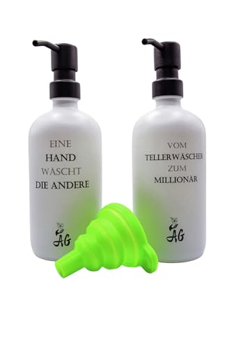 AG Seifenspender und Spülmittelspender aus Glas als 2er Set 500 ml mit Edelstahlpumpen und praktischem Silikon-Trichter. Modernes Design für Küche und Badezimmer. Mit witzigen Sprüchen (weiß) von AG