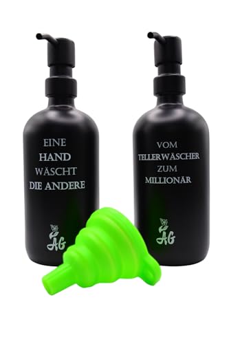 AG Seifenspender und Spülmittelspender - 2er Set - Glasflaschen mit Edelstahlpumpen und praktischem Silikon-Trichter. Modernes Design für Küche und Badezimmer. (schwarz) von AG