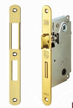 Schloss AGB Serie "Centro" - Riegel und Bohrung Messing lackiert mit Vierkantantrieb von 6 mm Eingang 50 - Achsabstand 90 mm - Vorderseite 22 x 196 mm komplett mit Gegenplatte. von EFFEDIELLE