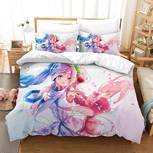 AGBARR Hatsune Miku Bedruckte Bogensätze 3D-Druck Anime Characters Bettbezug Bedruckt Weiche Mikrofaser Mit Reißverschluss Design Bettwäsche Mit Kopfkissenbezug Double（200x200cm） von AGBARR
