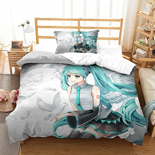 AGBARR Hatsune Miku Bedruckte Bogensätze 3D-Druck Anime Characters Bettbezug Bedruckt Weiche Mikrofaser Mit Reißverschluss Design Bettwäsche Mit Kopfkissenbezug Single（135x200cm） von AGBARR
