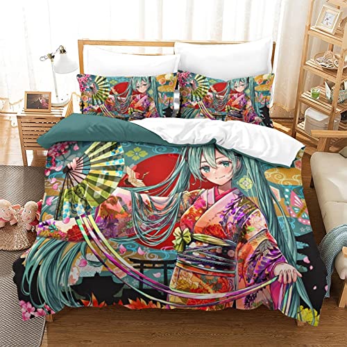AGBARR Hatsune Miku Bedrucktes Laken-Set Anime Characters Bettbezug Bedruckt Weiche Mikrofaser Mit Reißverschluss Design-Betttuch Mit KopfkissenbezugDouble（200x200cm） von AGBARR
