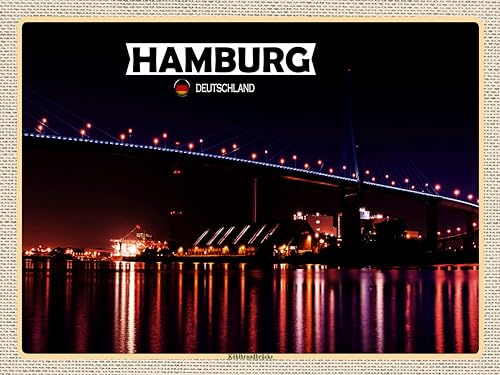 AGDeko® Holzschild 40x30 cm Hamburg Köhlbrandbrücke Nacht zum Aufhängen oder Stellen Raum Dekoration von AGDeko André Günther Dekoration & Style