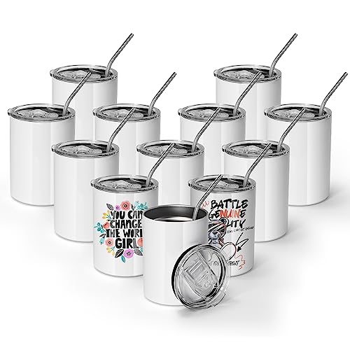 AGH 12 Stück 284 ml Sublimations-Weingläser, Rohlinge aus Edelstahl, gerader Becher mit spritzwassergeschütztem Schiebedeckel und Kunststoff-Strohhalm, weiße, Bulk, Geschenke für Party von AGH