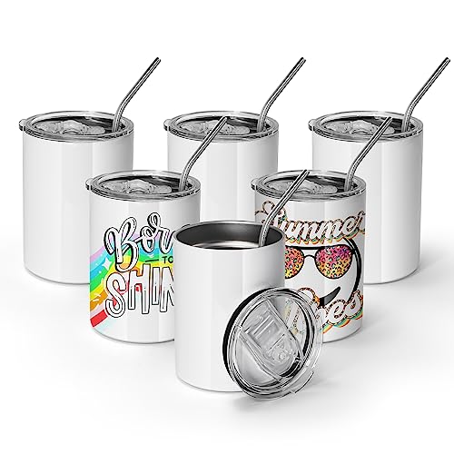 AGH 6 Stück 284 ml Sublimations-Weingläser, Rohlinge aus Edelstahl, gerader Becher mit spritzwassergeschütztem Schiebedeckel und Kunststoff-Strohhalm, weiße, Bulk, Geschenke für Party von AGH