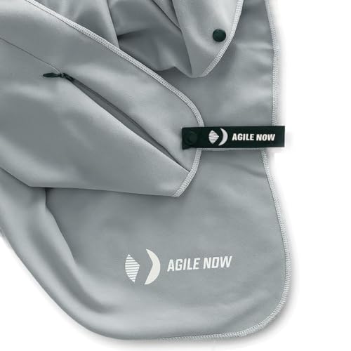 AGILE NOW Fitness Handtuch – Multifunktionales Mikrofaser Gym Handtuch mit Kapuze, Magnetclip und Reißverschlusstaschen, Sporthandtuch Fitnessstudio, Gym Zubehör HELLGRAU von AGILE NOW