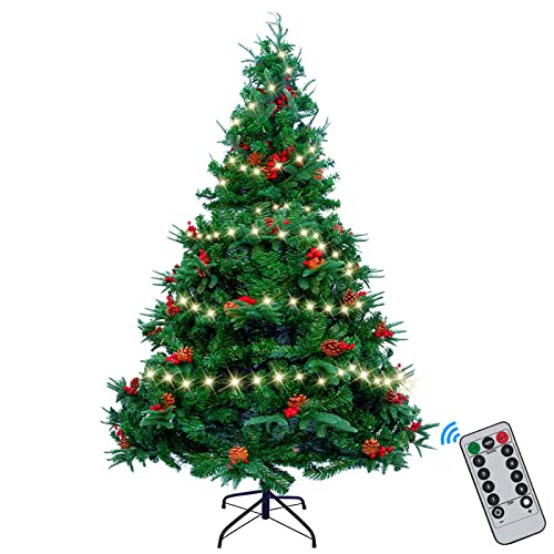 AGM 150cm Weihnachtsbaum mit 12m 240 LEDs Lichterkette, künstlicher PVC + PE Weihnachtsbaum mit Baum 450 Spitzen/39 gemischten Tannennadeln/39 roten Beeren für Weihnachten Festlicher Dekoration von AGM