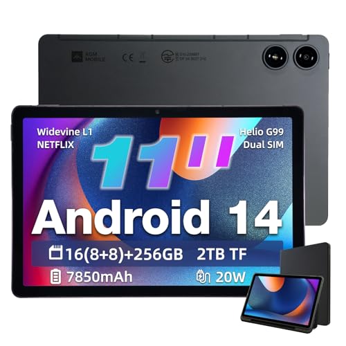 AGM Widevine L1 Tablet Android 14, 8GB RAM+256GB ROM (TF 2TB), FHD Display 11 Zoll, Simlockfrei Ohne Vertrag, MTK G99/Dual SIM/50MP+8MP/OTG/GPS/Kompass von AGM