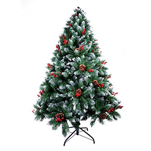 AGM 210 cm Künstliche Weihnachtsbäume mit Schneeflocken Dekor, 900 Spitzen aus Kiefern Blättern Tannenbaum Künstlich, 61 Tannenzapfen, 61 Roten Beeren, Christbäume mit Stabiler Metall Basis von AGM