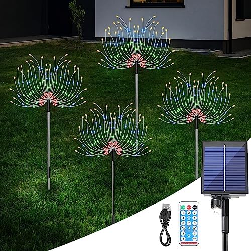 AGM Solar Feuerwerk Licht 4er mit 480 LED für den Außen IP65 Wasserdichtes Solar Feuerwerk Gartenleuchter, 4 Sensor Funktionen 8 Licht Modi mit Fernbedienung von AGM