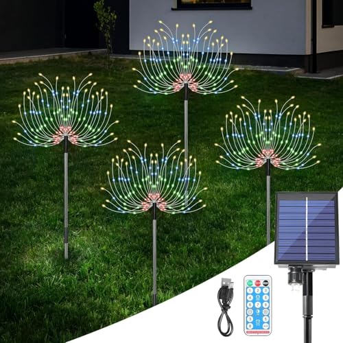 AGM Solar Feuerwerk Licht 4er mit 480 LED für den Außen IP65 Wasserdichtes Solar Feuerwerk Gartenleuchter, 4 Sensor Funktionen 8 Licht Modi mit Fernbedienung von AGM