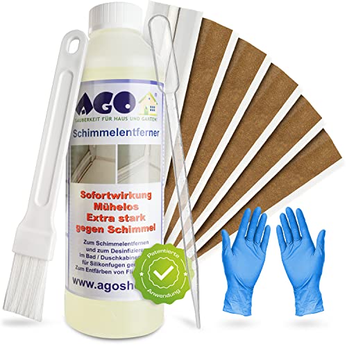 AGO® Schimmelentferner + Fugentape I Starterset 9tlg zur einfachen und wirksamen Schimmelentfernung für Silikonfugen I 1x 500ml Schimmel-Vernichter - 6 x 20cm Fugentape - 1x Pinsel und 1x Pipette von AGO SAUBERKEIT FÜR HAUS UND GARTEN!